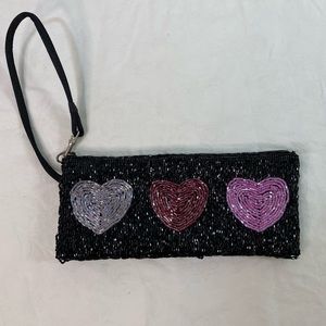Liz Claiborne Party/Cocktail Beaded Heart Wristlet Bag Black Pink Red
